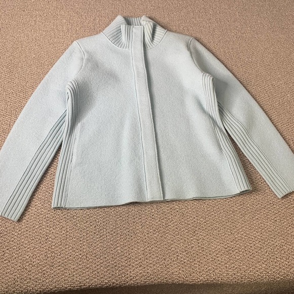 Eileen Fisher Womens Sweater Size Medium Blue Boiled Wool Mock Neck Zip‎ Front - Picture 1 of 12
